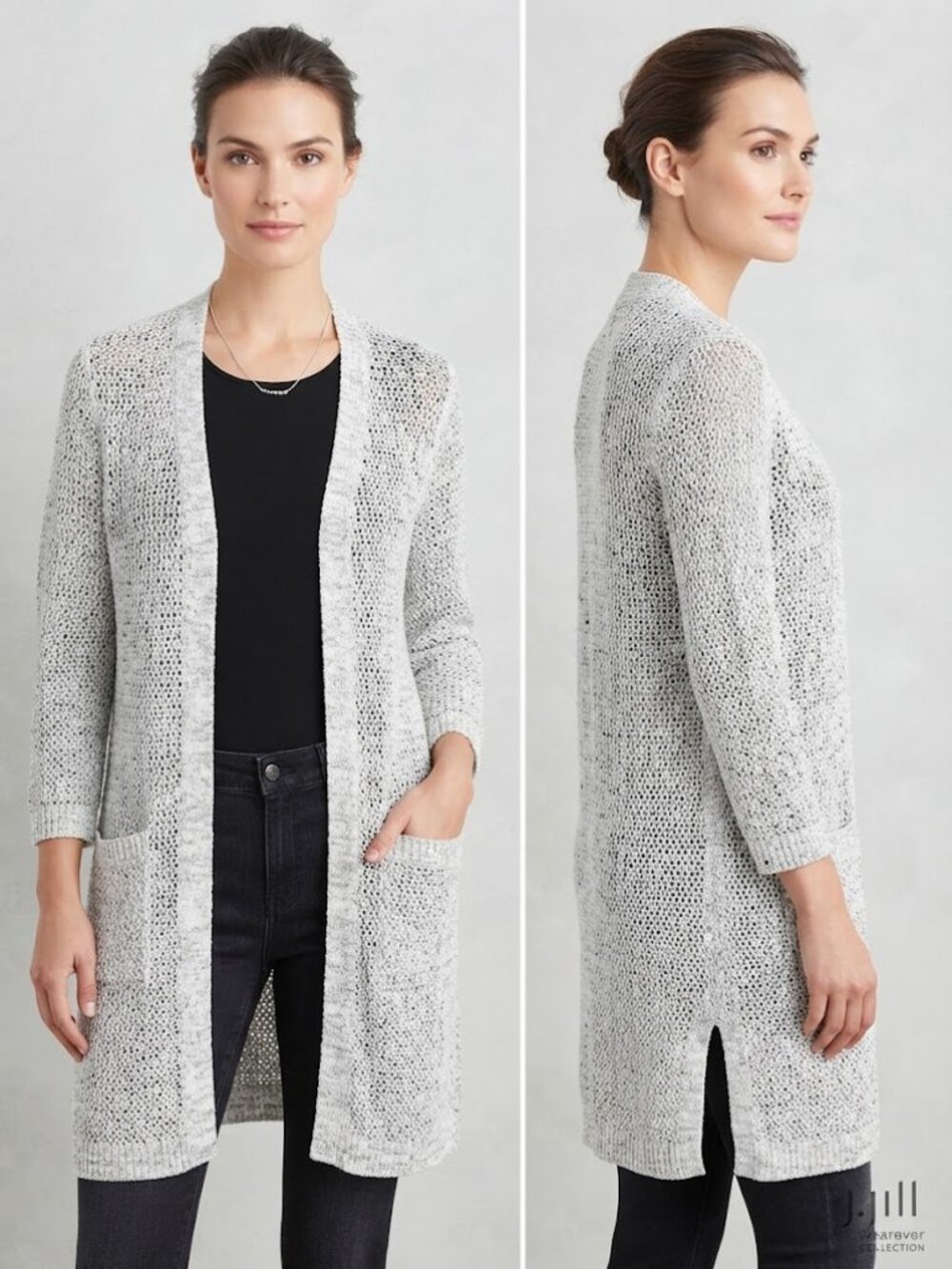 J.Jill Wearever Collection White Grey Crochet Open Front Cardigan Size XS